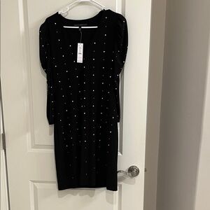 White House Black Market Chic Black Long Sleeve Dress with stud Details. NWT